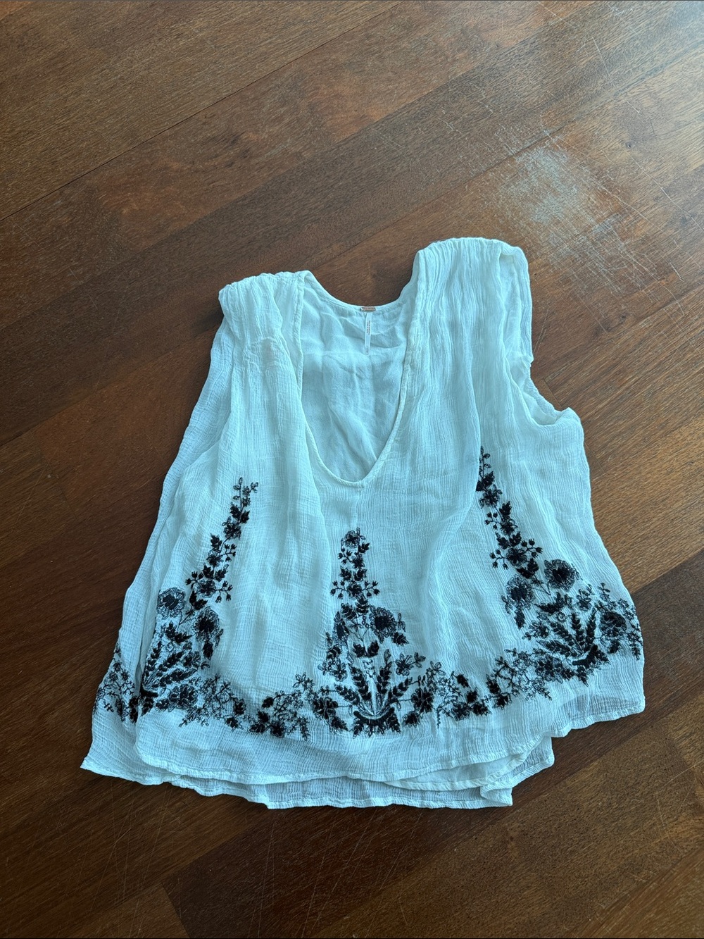 Free People White Gauze Camisole with Black Floral Embroidery